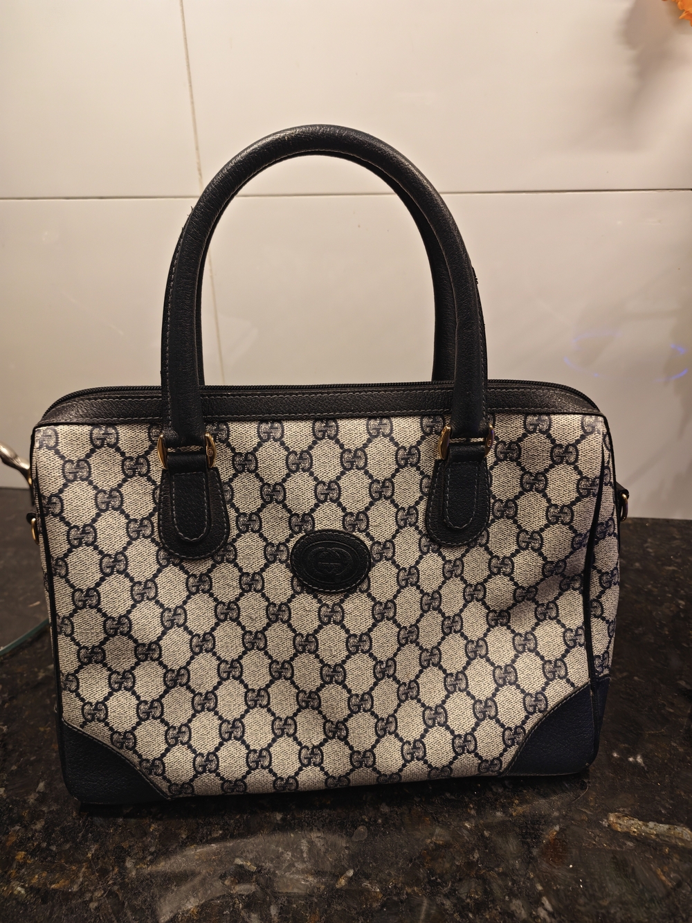 12x9.5"x6" 1980s Gucci Monogram Canvas Shoulder Bag with Black Trim